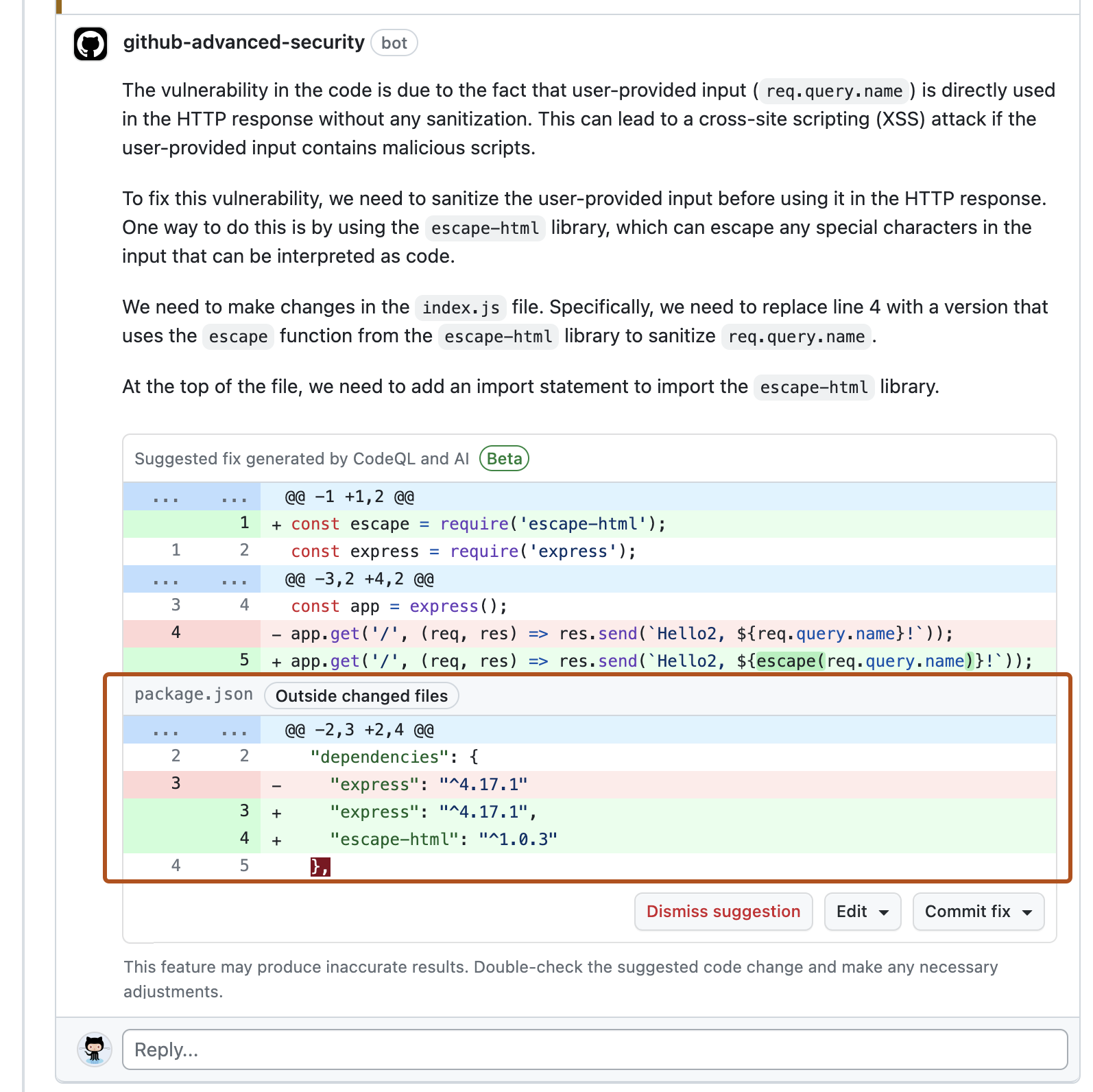 Captura de tela da sugestão de correção automática com explicação e alteração no arquivo atual. Uma mudança sugerida em "package.json" é contornada em laranja escuro.