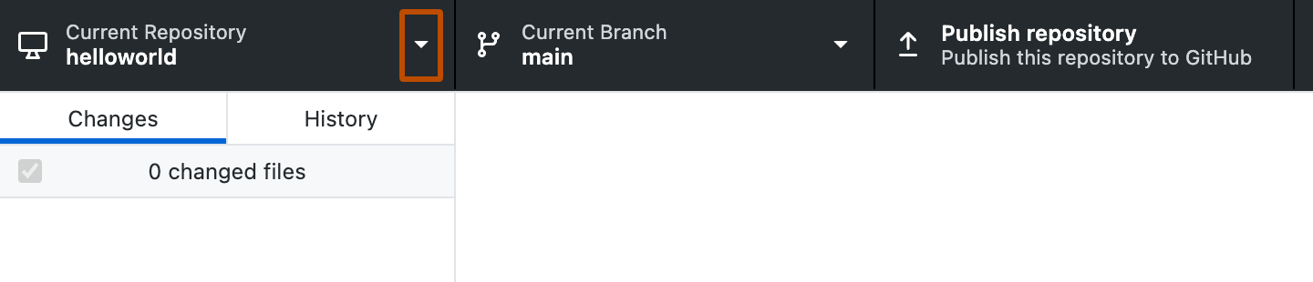 Captura de tela da barra de repositórios no GitHub Desktop. Ao lado de "Repositório Atual" há um ícone suspenso realçado com contorno laranja.