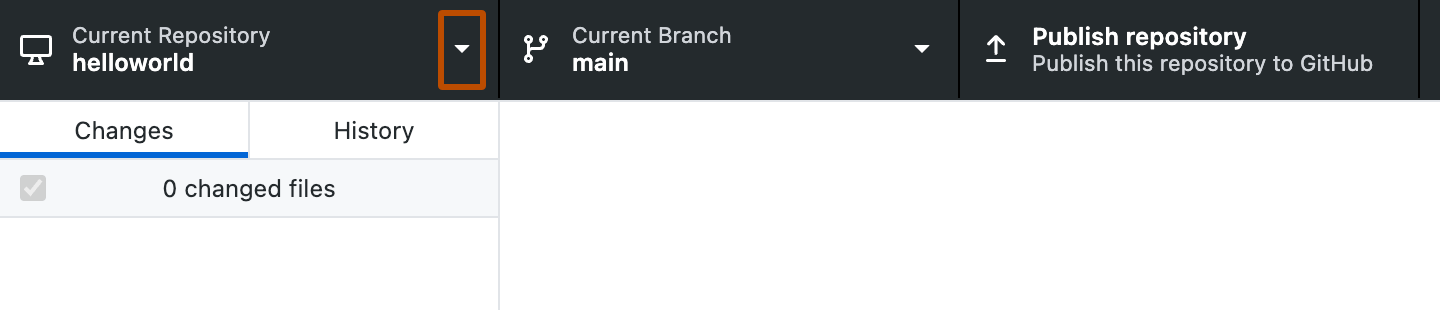 GitHub Desktop のリポジトリ バーのスクリーンショット。 [現在のリポジトリ] の横に、ドロップダウン アイコンがオレンジ色の枠線で強調表示されています。