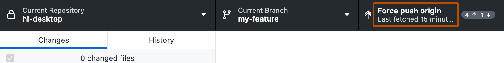 Captura de pantalla de la barra del repositorio. Un botón, etiquetado como "Forzar origen de inserción" y mostrado con un icono de una flecha hacia arriba doble, se describe en naranja.
