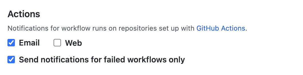 Capture d’écran des options de notification pour GitHub Actions