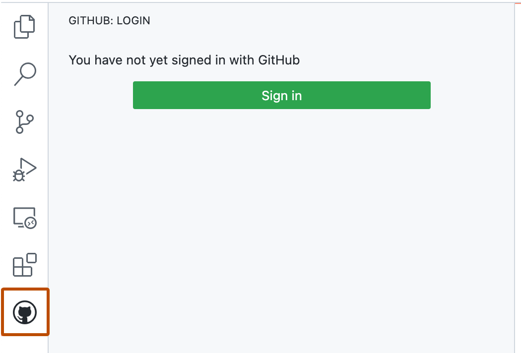 Capture d'écran de la barre latérale GitHub montrant le bouton « Se connecter ». L'icône GitHub dans la barre d'activité est mise en évidence avec un encadré orange.