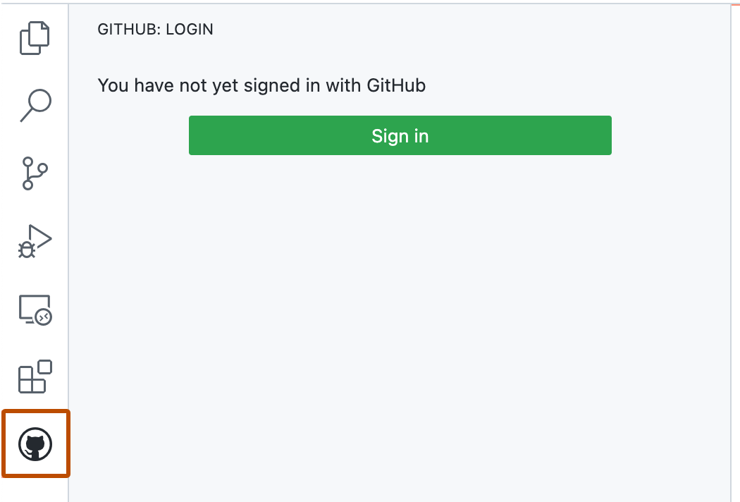 "로그인" 단추를 보여 주는 GitHub 사이드바의 스크린샷. 활동 표시줄의 GitHub 아이콘이 주황색 윤곽선으로 강조 표시되어 있습니다.