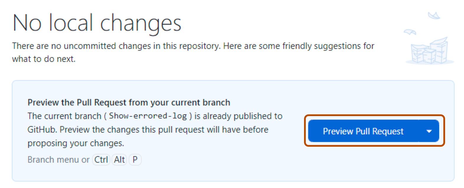 Screenshot der Ansicht „Keine lokalen Änderungen“. Eine Schaltfläche mit der Bezeichnung „Vorschau für Pull Request“ ist orange umrandet.