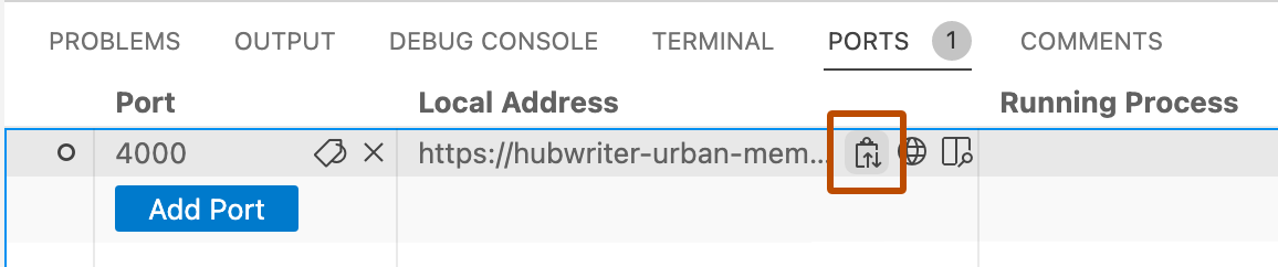  Screenshot of the "Ports" panel. The copy icon,  which copies a forwarded port's URL, is highlighted with an orange outline.