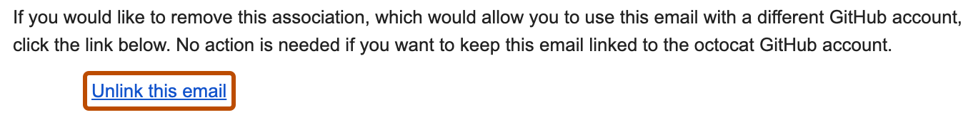 Screenshot: E-Mail von GitHub zum Aufheben der Verknüpfung einer E-Mail-Adresse mit einem GitHub-Konto. Ein Link mit dem Text „Verknüpfung dieser E-Mail-Adresse aufheben“ ist orange hervorgehoben.