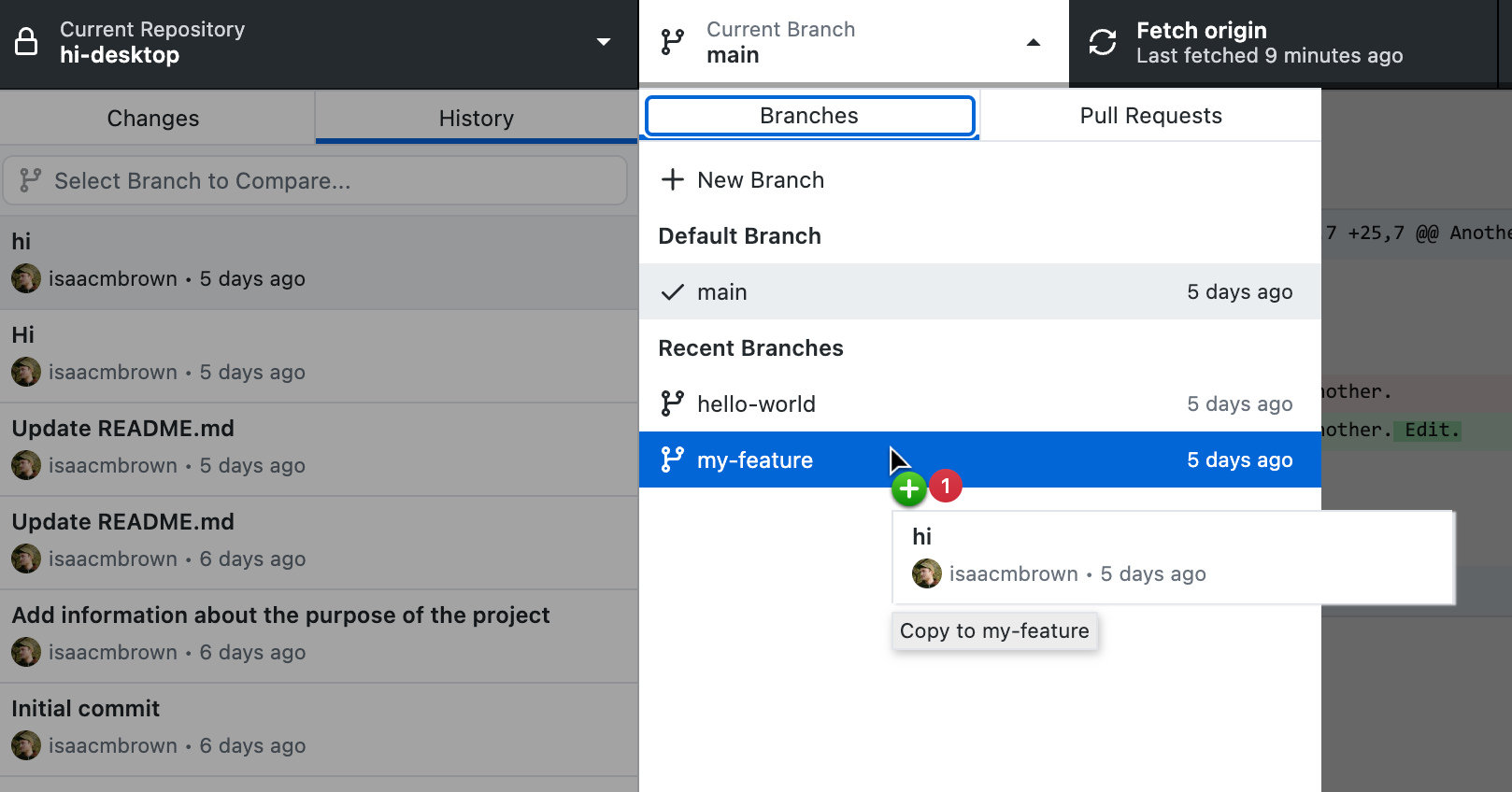 Captura de tela da guia "Histórico" e da exibição suspensa "Branch Atual". O cursor passa sobre o branch "my-feature" e os ícones "mais um" indicam a adição de um commit.