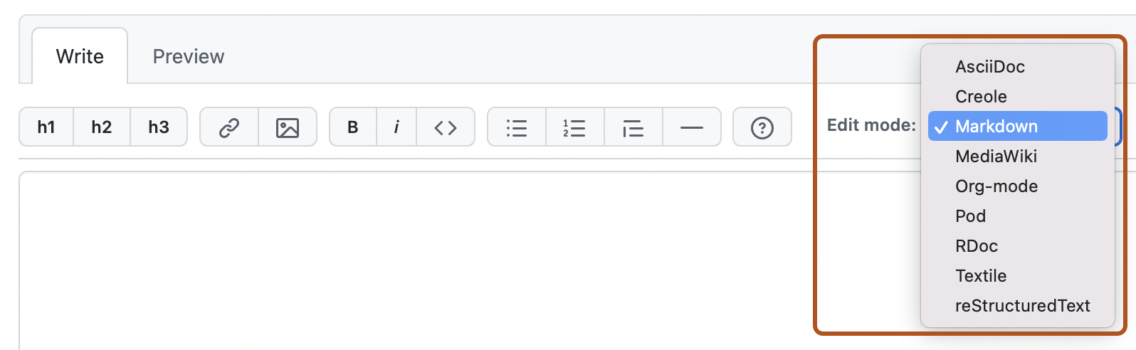 Capture d’écran de la page « Créer une page ». La liste déroulante « Mode d’édition » est signalée en orange foncé.