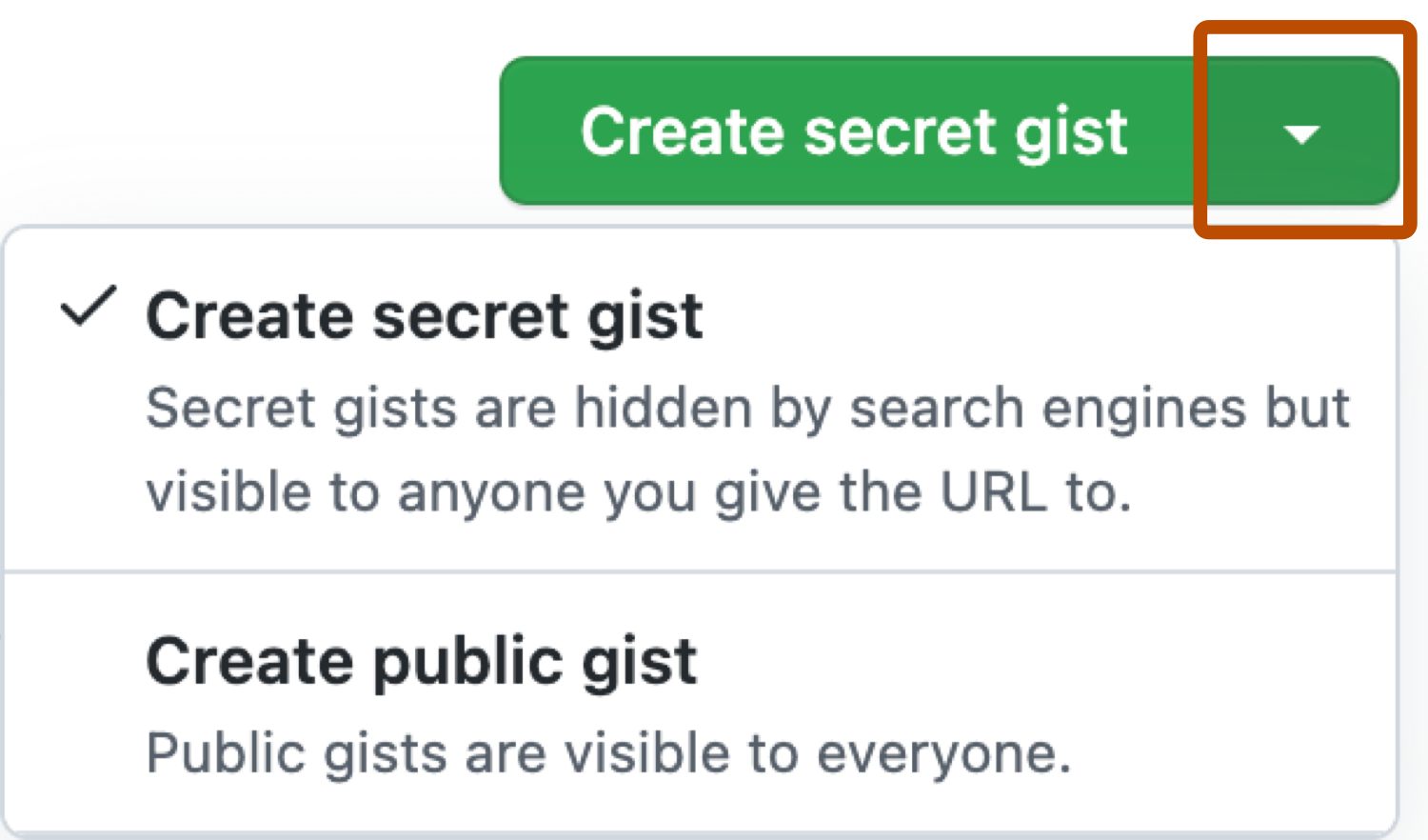 新 gist 的可见性下拉菜单的屏幕截图。 在标签为“创建机密 gist”的按钮旁边，下拉图标以深橙色边框显示。
