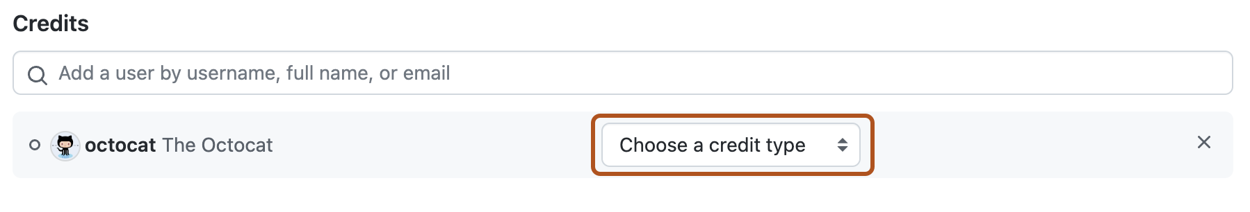 Screenshot of a draft security advisory. A dropdown menu, labeled "Choose a credit type," is highlighted with an orange outline.