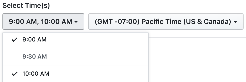 Screenshot of Scheduled reminder settings showing drop-down menus to select hours and the associated time zone for reminders in Slack. The hours menu is open, with checkmarks next to 9:00 AM and 10:00 AM.