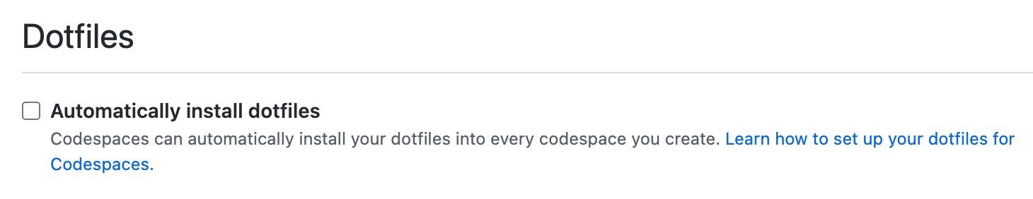 Снимок экрана: раздел "Dotfiles" параметров пространства кода с параметром "Автоматическое установка dotfiles".