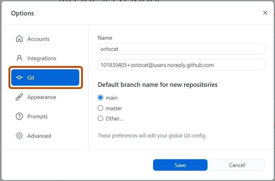 Capture d’écran du volet « Git » dans la fenêtre « Options ». Dans la barre latérale gauche, une option intitulée « Git » est mise en évidence en bleu et encadrée en orange.