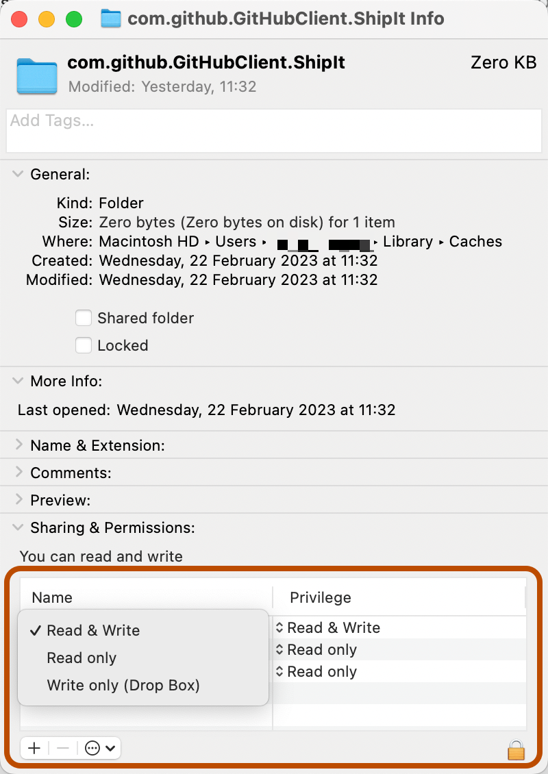 Captura de tela da janela de informações no Mac. Em "Compartilhamento e permissões", um menu de contexto está aberto, com uma marca de seleção em "Leitura e Gravação".