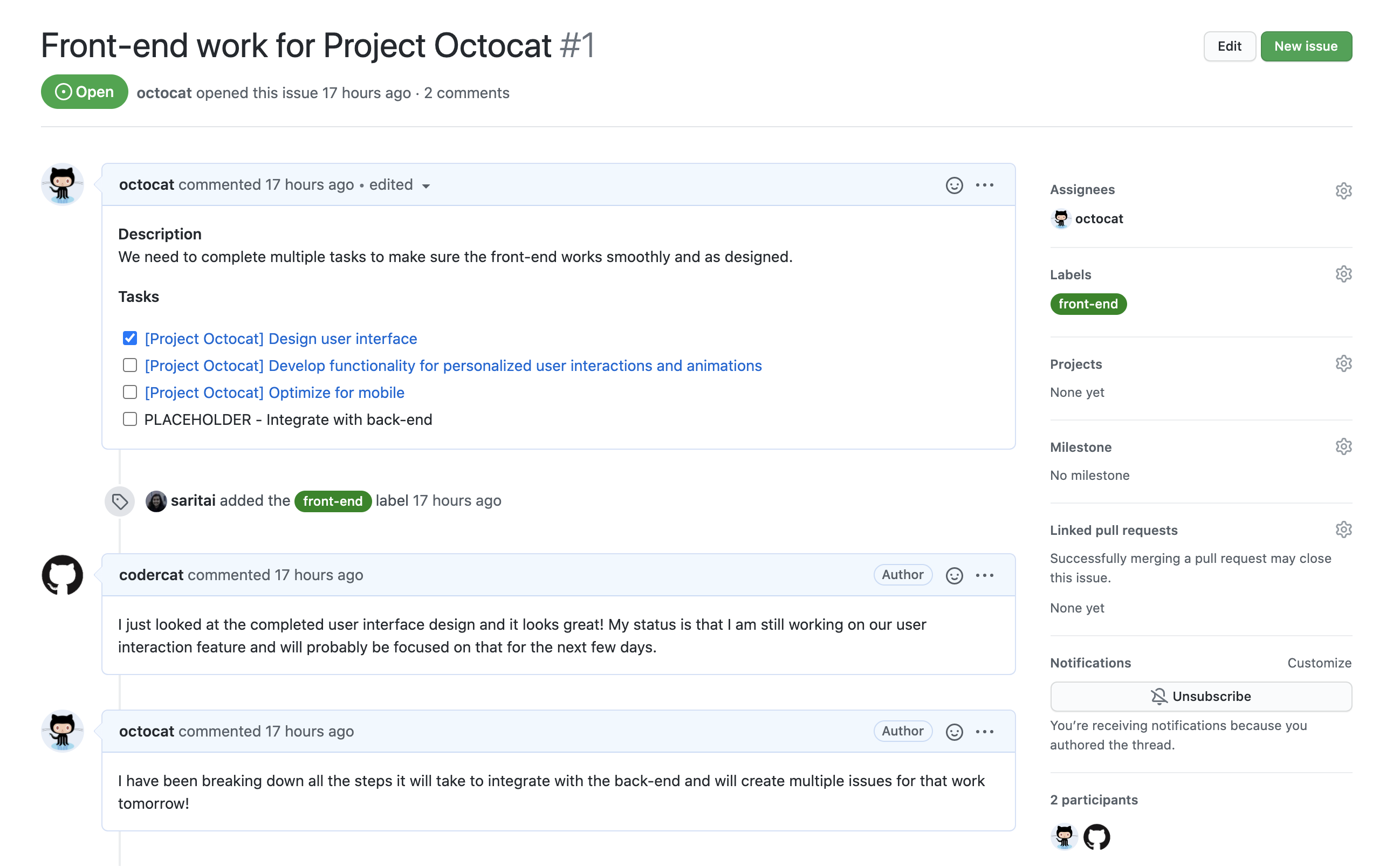 Captura de tela de um problema chamado "Trabalho de front-end do Projeto Octocat". Os comentários de @codercat e @octocat fornecem atualizações de status sobre o trabalho.