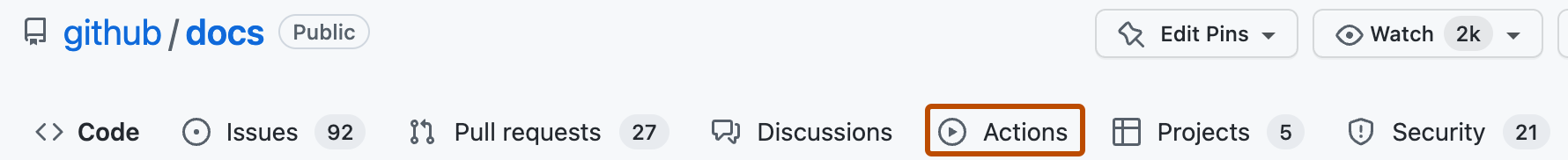 Screenshot of the tabs for the github/docs repository. The "Actions" tab is highlighted with an orange outline.