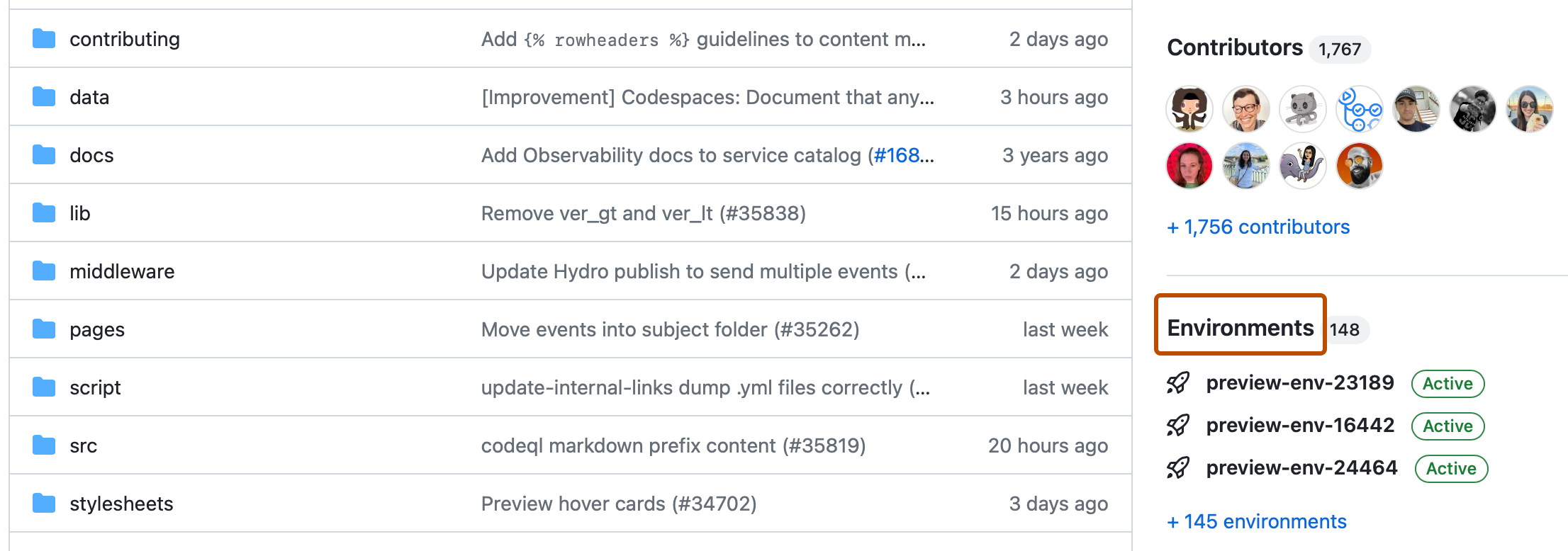 Screenshot of the main page of a repository. In the right sidebar, "Environments" is outlined in dark orange.