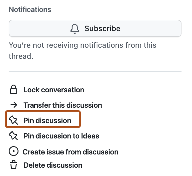 Screenshot of the "Pin discussion" option in right sidebar for discussion
