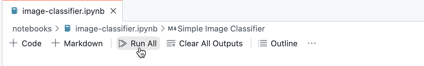 Captura de tela da parte superior da guia do editor do arquivo "image-classifier.ipynb". Um cursor passa sobre um botão rotulado como "Executar Tudo".