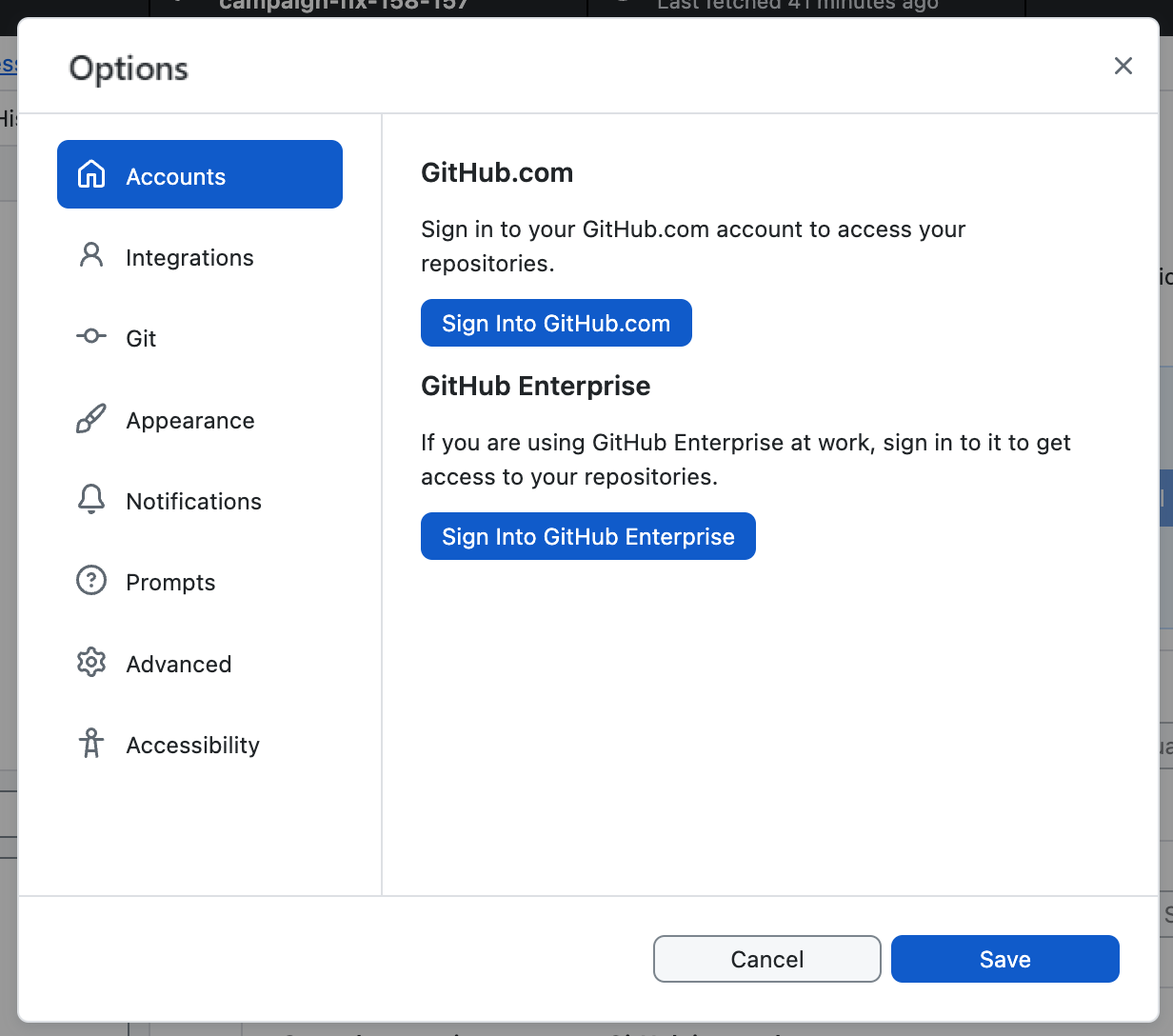 Captura de tela do painel "Contas" na janela "Opções". Ao lado de "GitHub.com", há um botão rotulado como "Entrar" e contornado em laranja.