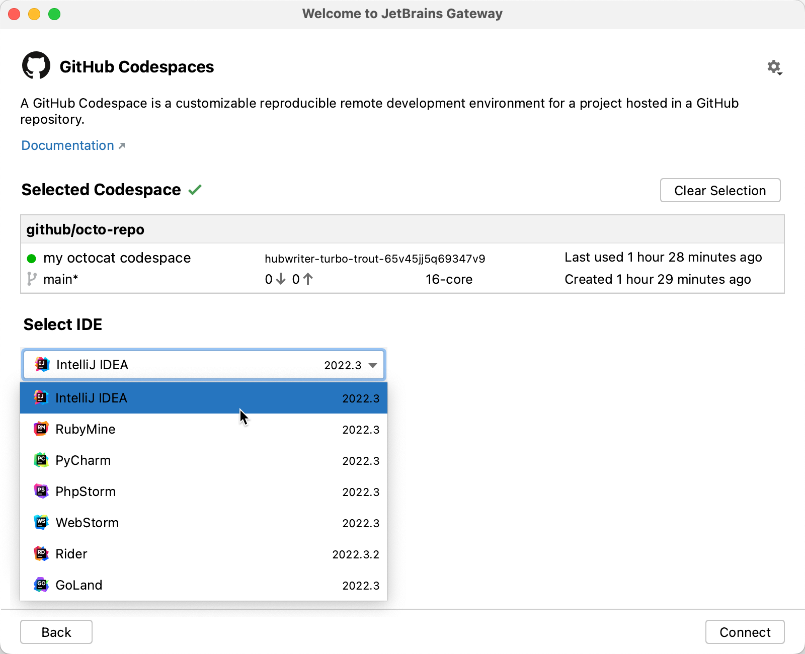 Screenshot: Dropdownliste „IDE auswählen“ im JetBrains-Gateway. Der Mauszeiger zeigt auf „IntelliJ IDEA“.