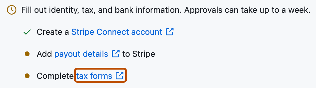 Screenshot of the GitHub Sponsors dashboard. A link, labeled "tax forms," is outlined in dark orange.