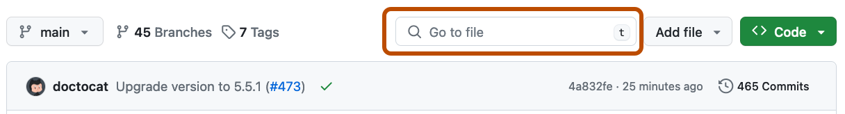 存储库的主视图的屏幕截图。 标记为“转到文件”的搜索栏以深橙色标出。