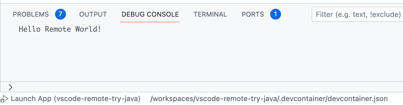 Captura de pantalla de la salida del programa "Hello Remote World!" en la "Consola de depuración".