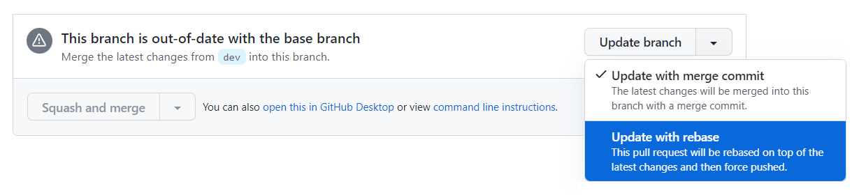 Screenshot: Der Mergeabschnitt für einen Pull Request. Das Dropdownmenü wird erweitert und zeigt die Optionen „Mit Mergecommit aktualisieren“ und „Mit Rebase aktualisieren“ an.