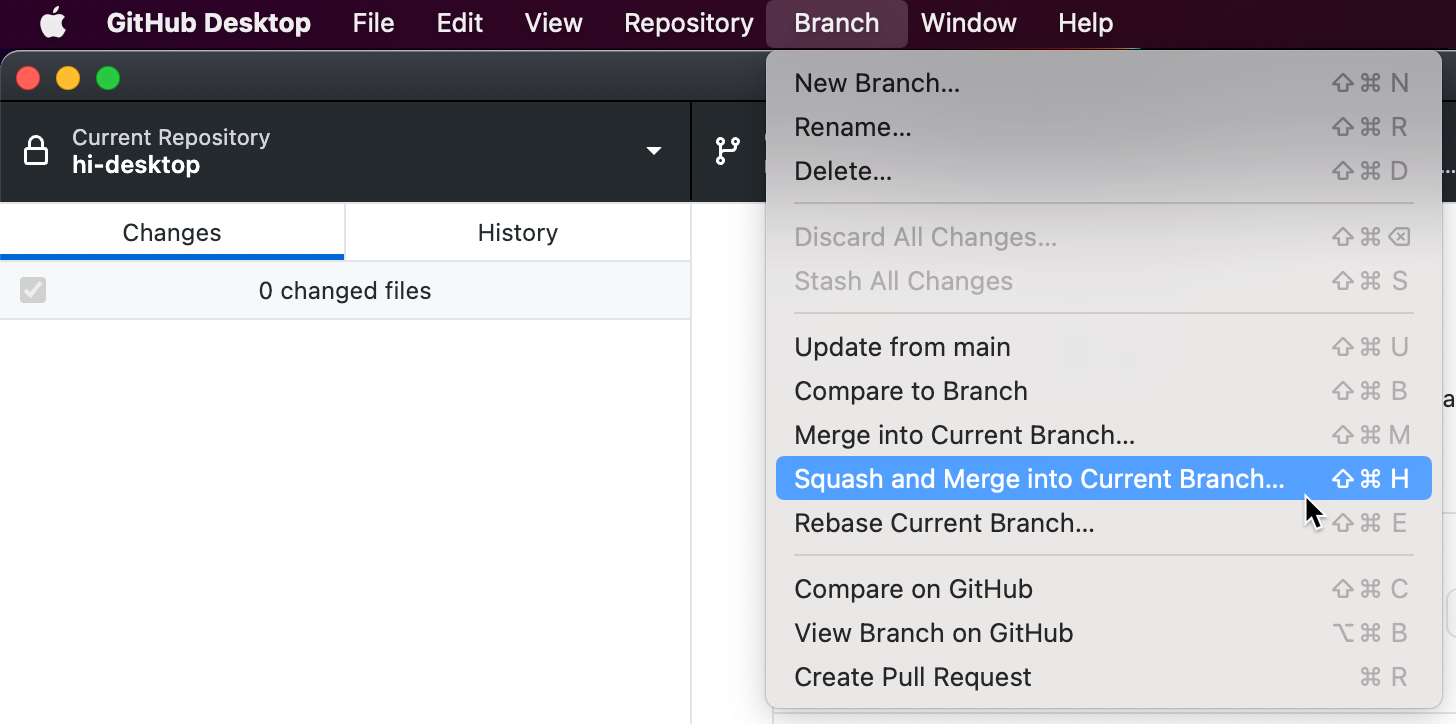 Mac의 메뉴 모음에서 스크린샷. 확장된 "분기" 드롭다운 메뉴에서 커서를 "Squash and Merge into Current Branch"라는 레이블이 지정된 옵션 위에 놓습니다.