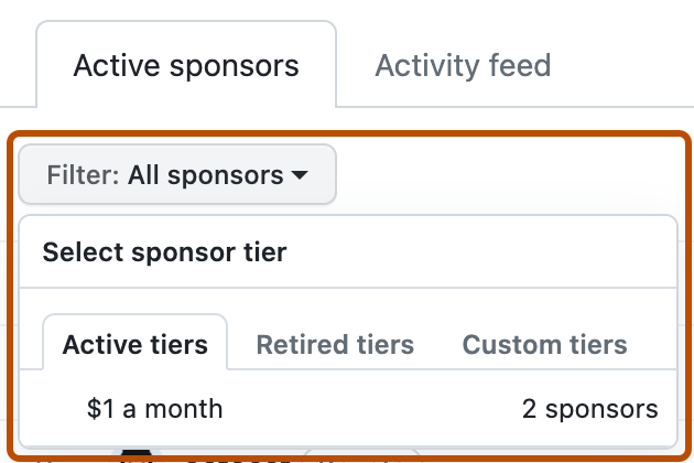 GitHub Sponsors dashboard 스크린샷 "필터: 모든 스폰서"라는 레이블이 지정된 확장된 드롭다운 메뉴가 진한 주황색으로 표시됩니다.