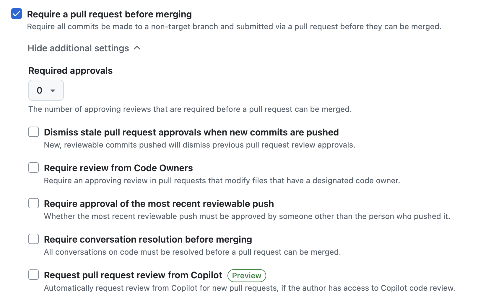 Screenshot of the "Request pull request review from Copilot" branch rule.