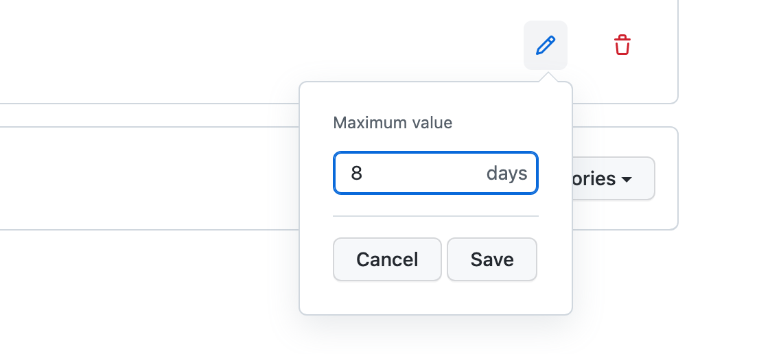 Captura de tela de um menu suspenso com um campo rotulado "Valor máximo" definido como 8 dias. Abaixo estão os botões "Cancelar" e "Salvar".