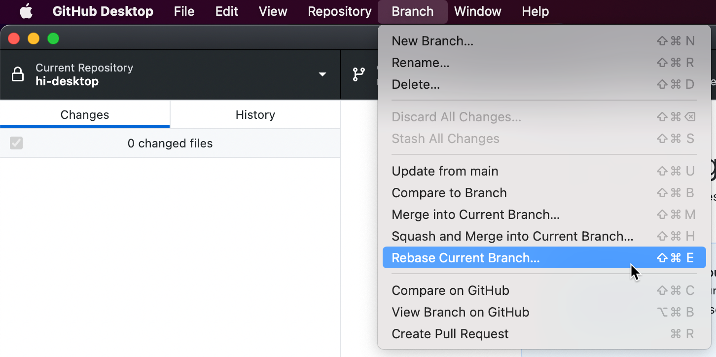 Screenshot der Menüleiste auf einem Mac. Im erweiterten Dropdownmenü „Branch“ übergibt der Cursor eine Option mit der Bezeichnung „Rebase Current Branch“ (Basis des aktuellen Branches neu setzen).
