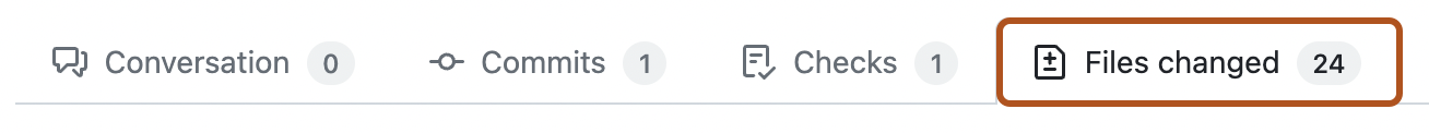 pull request のタブのスクリーンショット。 [変更されたファイル] タブが濃いオレンジ色の枠線で囲まれています。