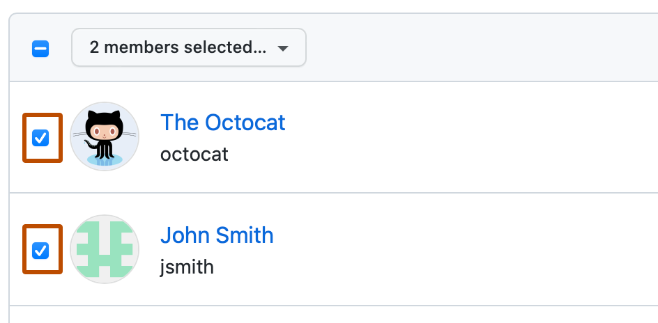 组织成员列表中前两个用户的屏幕截图。 每个成员左侧的复选框被选中，并用深橙色标出。