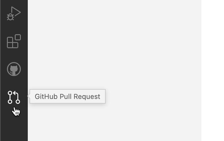 VS Code のアクティビティ バーのスクリーンショット。 マウス ポインターがアイコンの上に置かれ、ツールヒント [GitHub pull request] が表示されています。
