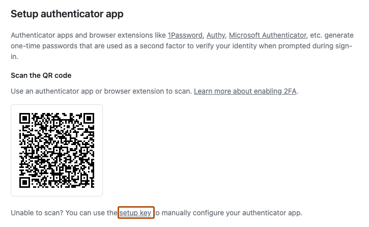 2FA 設定の [Setup authenticator app] (認証アプリのセットアップ) セクションのスクリーンショット。 "セットアップ キー" というラベルの付いたリンクがオレンジ色で強調表示されます。