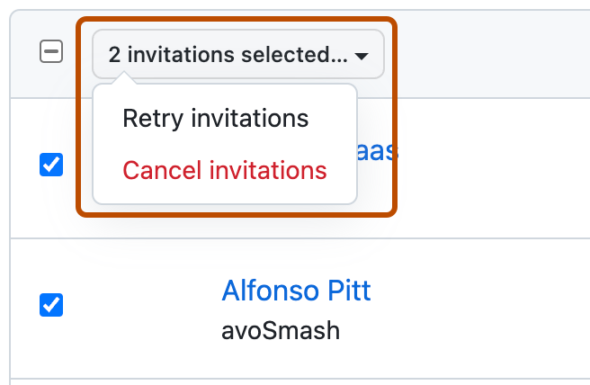 Screenshot of the list of failed invitations. The dropdown menu above the list, labeled "2 invitations selected" is highlighted with an orange outline.