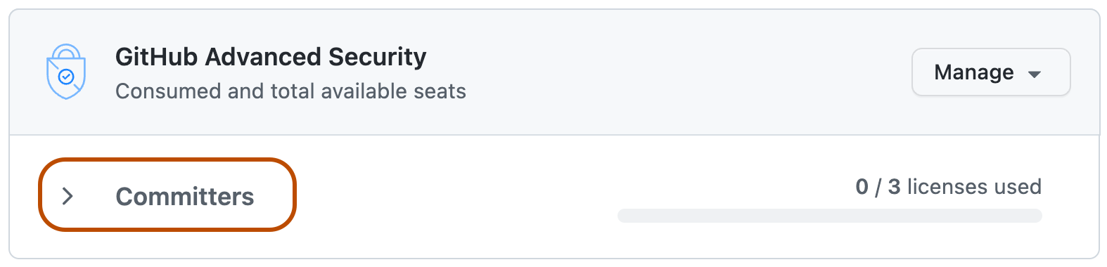 Captura de tela da tela de licenciamento do GitHub Advanced Security. A lista suspensa "Committers" é realçada com uma linha laranja.
