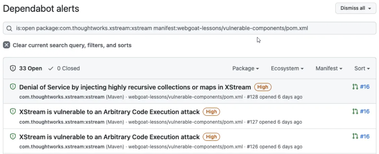 Captura de pantalla de la pestaña de Dependabot alerts que muestra las alertas filtradas cuando se navega desde una alerta tradicional del Dependabot.