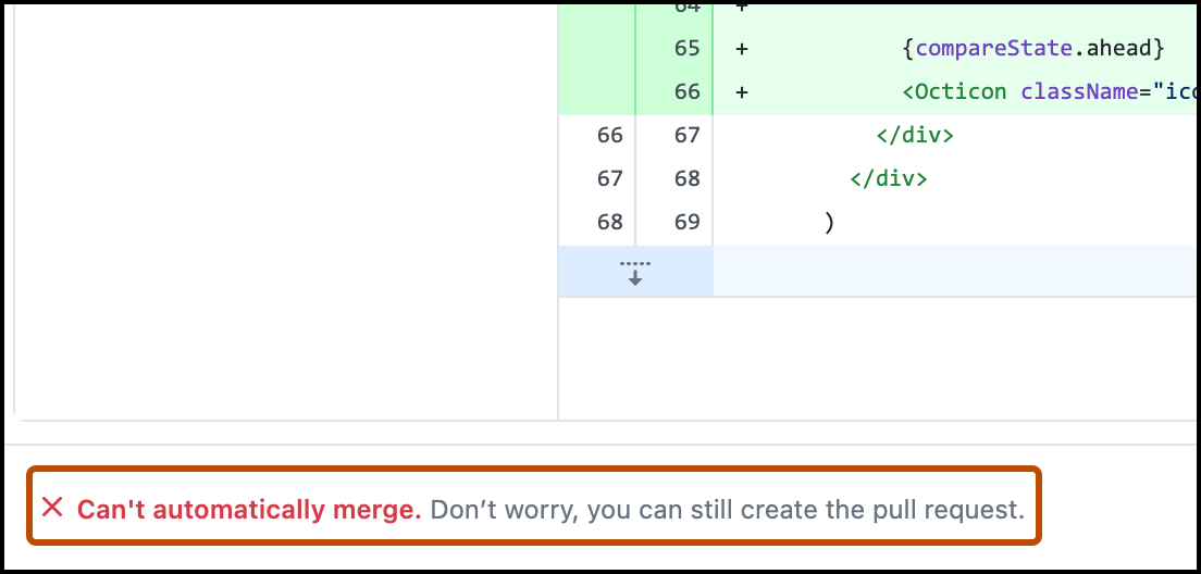 Captura de tela da janela de diálogo "Abrir uma Solicitação de Pull". Um rótulo de status informando "Não é possível fazer a mesclagem automática" está realçado com um contorno em laranja.