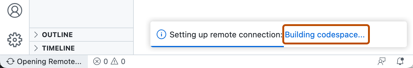 Screenshot of a popup message in VS Code, reading "Setting up remote connection: Building codespace."