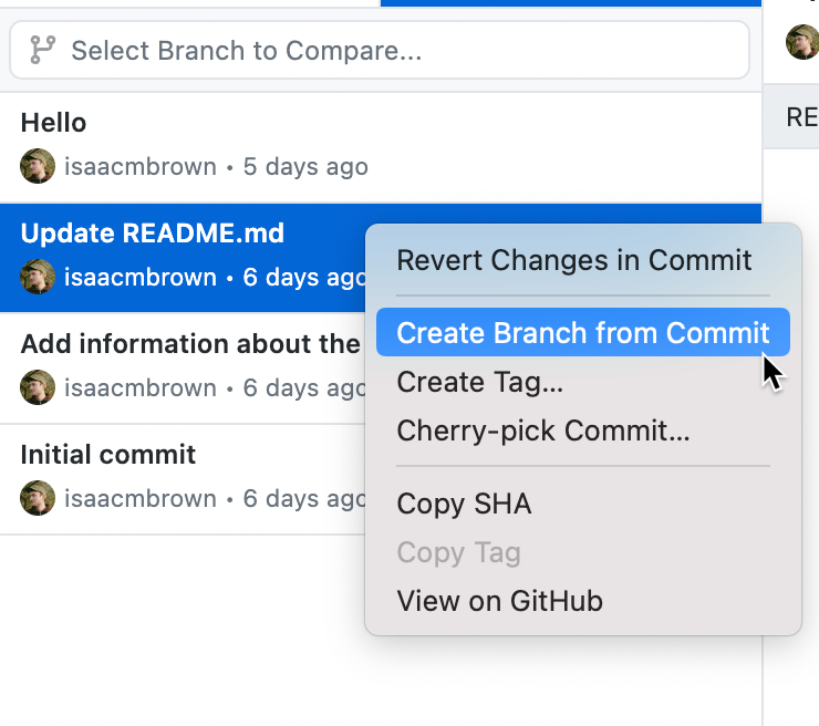 Captura de tela de uma lista de commits na guia "Histórico". Ao lado de um commit, em um menu de contexto, o cursor passa sobre a opção "Criar Branch a partir do Commit".