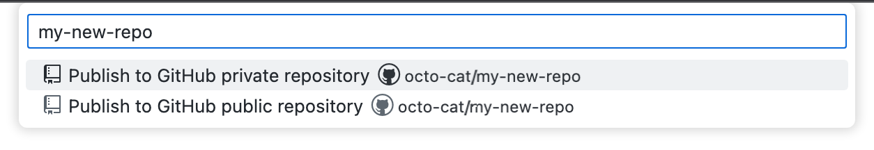 Screenshot of the repository name dropdown in VS Code. Two options are shown, for publishing to a private or a public repository.