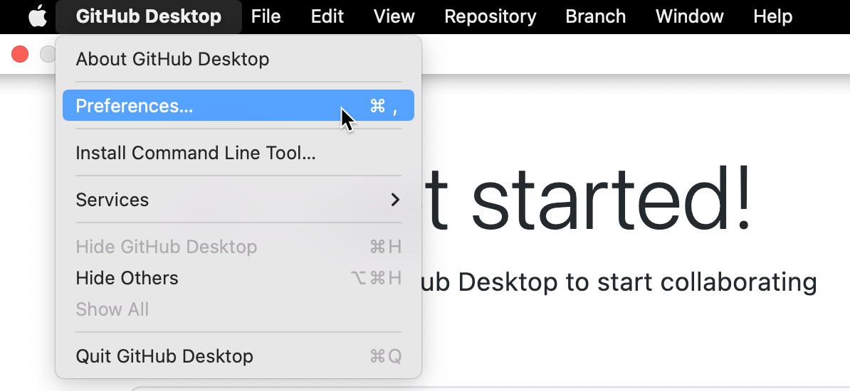 Mac のメニュー バーのスクリーンショット。 [GitHub Desktop] が開いており、青色で強調表示されている [環境設定] の上にカーソルが置かれています。