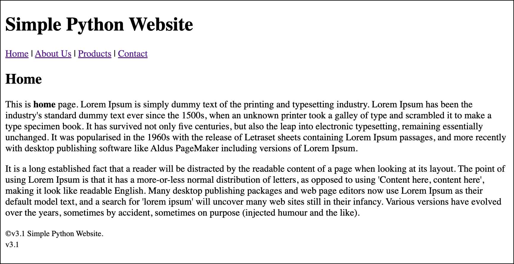 Screenshot of the 'Simple Python Website' without CSS styling.