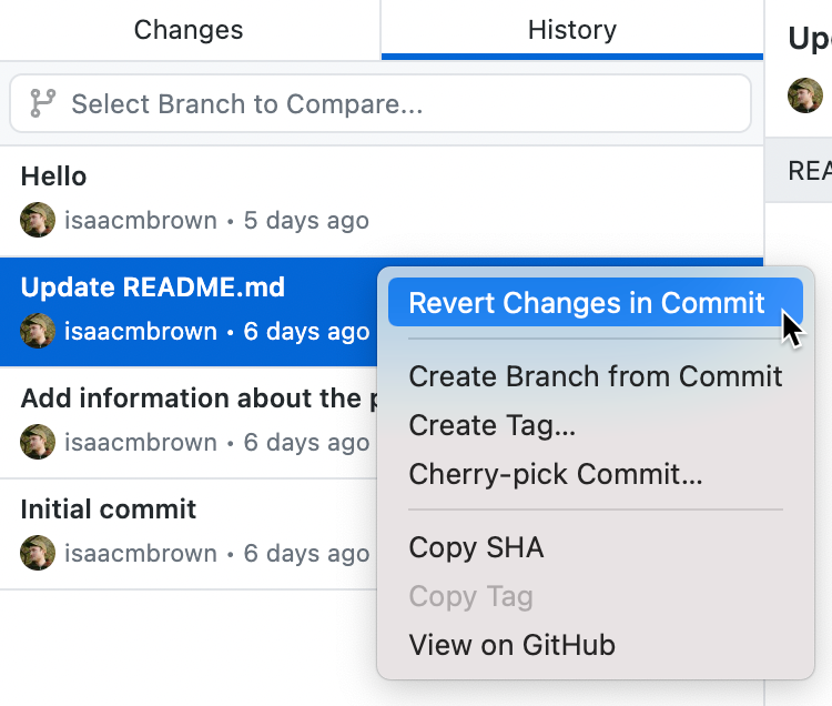 Screenshot of a list of commits in the "History" tab. Next to a commit, in a context menu, the cursor hovers over the "Revert Changes in Commit" option.