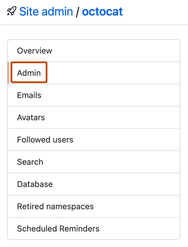 Screenshot of the left sidebar of the "Site admin" page. The "Admin" menu option is highlighted with an orange outline.