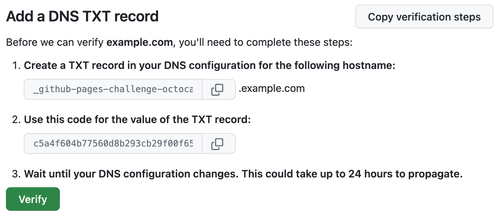 Screenshot of GitHub Pages instructions to add a TXT record to the DNS configuration of example.com.